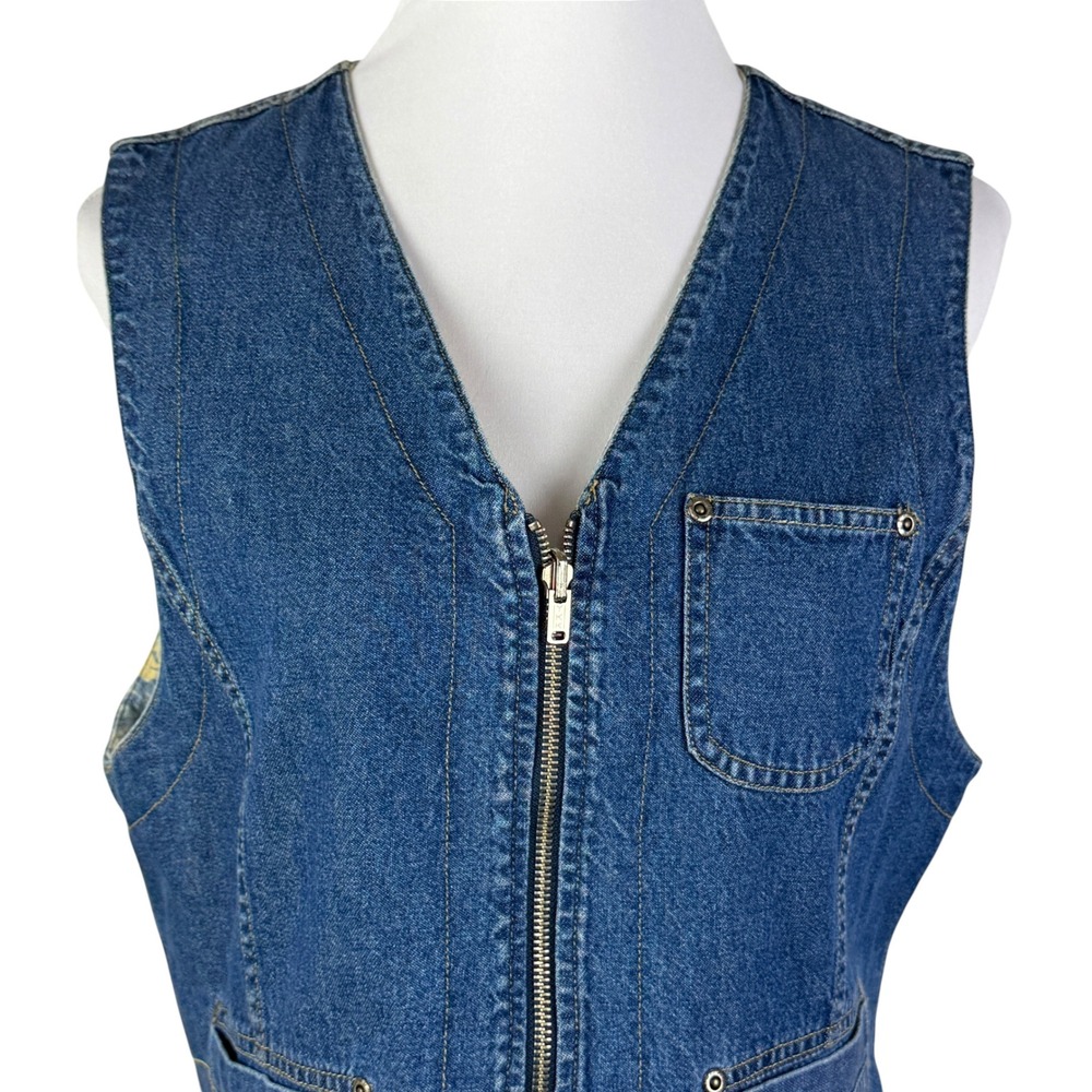 Lizwear Women's Large Reversible Denim Floral Vest Blue Yellow Zip Up Cotton - Picture 4 of 13